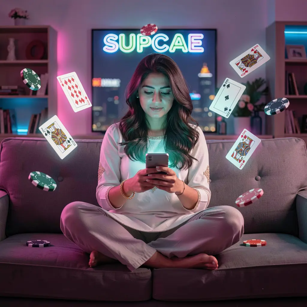 Stylish Pakistani woman using the HC77 casino app on her phone as glowing chips and cards float around her in a cinematic neon scene