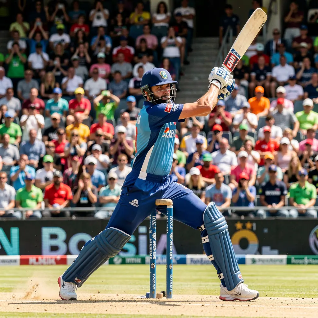 Intense cricket moment with a batsman facing a fast delivery in a packed stadium showcasing the excitement of live cricket betting with HC77 in Pakistan