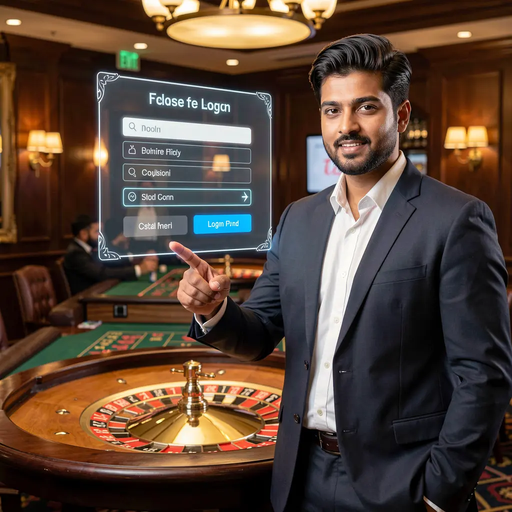 Confident HC77 casino dealer from Pakistan pointing at a glowing holographic login panel with a modern roulette background