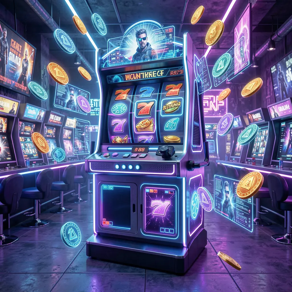 Modern digital slot machine with neon lights and spinning reels displaying lucky sevens and fruits highlighting premium slot gaming at HC77 in Pakistan